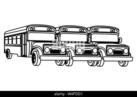 Gli scuolabus parcheggiato frontview isolato cartoon in bianco e nero Illustrazione Vettoriale