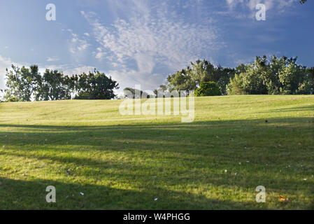 Pianura verde, campo erboso con alberi ed un cielo blu in background Foto Stock