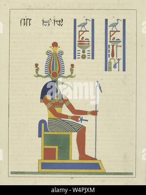 Antico dio egiziano Thoth, tenendo il ankh e lo scettro, raffigurato con una testa di ibis, dio della magia, la scrittura, lo sviluppo della scienza e la sentenza di morte, illustrazione del libro 'Pantheon Egyptien' da Leon Jean Joseph Dubois, 1824. () Foto Stock