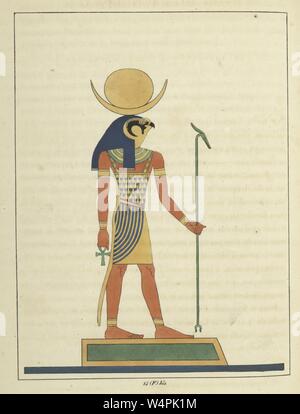 Antico dio egiziano Khonsu, un uomo con la testa di un falco tenendo il ankh e lo scettro, dio della luna e la creazione di una nuova vita in tutte le creature viventi, illustrazione del libro 'Pantheon Egyptien' da Leon Jean Joseph Dubois, 1824. () Foto Stock