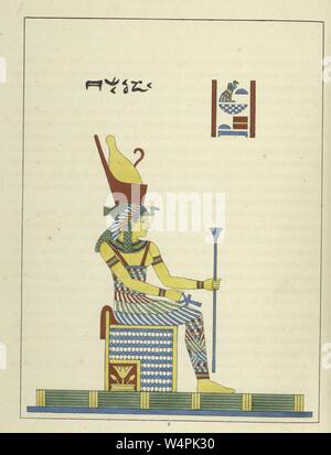 Antica dea egizia Mut, seduto sul suo trono e tenendo il ankh e lo scettro, Madre di Dio e Regina delle dee, illustrazione del libro 'Pantheon Egyptien' da Leon Jean Joseph Dubois, 1824. () Foto Stock