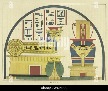 Antica egiziana emblema della dea Hathor, un grande dea nella religione egiziana, la Madre del cielo dio Horus e del dio del sole Ra, illustrazione del libro 'Pantheon Egyptien' da Leon Jean Joseph Dubois, 1824. Dalla Biblioteca Pubblica di New York. () Foto Stock