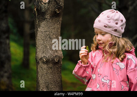 Carino ragazza in camicia rosa e cappuccio esaminando foglie durante una passeggiata nei boschi a Reykjavik, Islanda Foto Stock