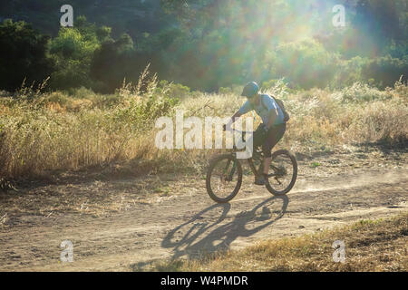 Uomo maturo equitazione mountain bike sul sentiero sul luminoso giorno Foto Stock