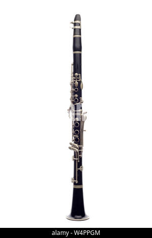 Nero in ottone clarinetto isolati su sfondo bianco Foto Stock