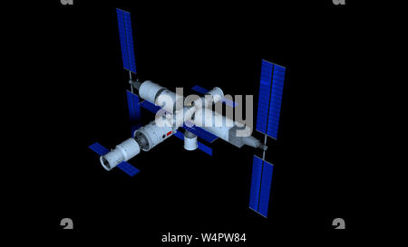 Modello 3D del TIANGONG 3 - Stazione Spaziale Cinese Tianhe con modulo di nucleo, Shenzhou manned space navi e automatizzata di rialimentazione Tianzhou veicolo su b Foto Stock