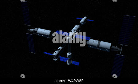 La figura mostra i moduli del TIANGONG 3 - stazione spaziale cinese nella direzione di accoppiamento al TIANHE modulo core su uno spazio nero wit Foto Stock