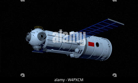 Modello 3D di Tianhe modulo di nucleo del TIANGONG 3 - stazione spaziale cinese a volare su uno spazio nero con stelle dello sfondo. 3D illustrazione Foto Stock