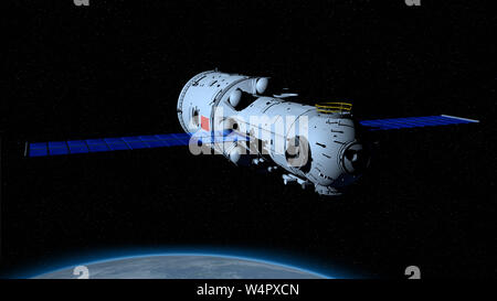 Modello 3D di Tianhe modulo di nucleo del TIANGONG 3 - stazione spaziale cinese in orbita attorno al pianeta terra dietro su uno spazio nero con stelle dello sfondo. 3D Foto Stock