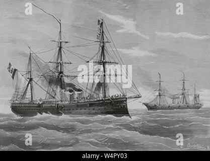Marina Italiana de Guerra. Los cruceros " Flavio Gioja' y 'Amerigo Vesppucci'. Dibujo de Cortellini y Sánchez. Grabado por Vela. La Ilustración Española y Americana, 22 de agosto de 1883. Foto Stock