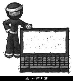 Schizzo guerriero ninja uomo accanto a grandi computer laptop, appoggiata contro di esso. Foto Stock