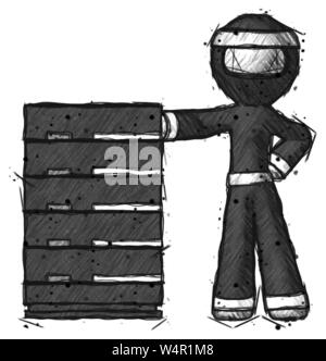 Schizzo guerriero ninja uomo con rack di server con fiducia pendente contro di essa. Foto Stock