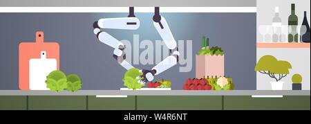 Smart comodo chef robot la preparazione di insalata di verdure assistente robotico innovazione tecnologia di intelligenza artificiale nozione moderna cucina piana interna Illustrazione Vettoriale