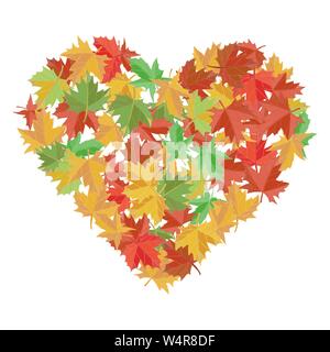 Foglie di acero in forma di cuore. Illustrazione Vettoriale. Io amo l'autunno. Biglietto di auguri. Verde, i colori rosso e giallo. Illustrazione Vettoriale