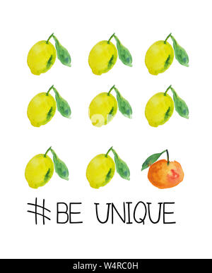 Acquarello dipinto a mano pattern con i limoni, mandarino e hashtag 'essere univoco' Foto Stock