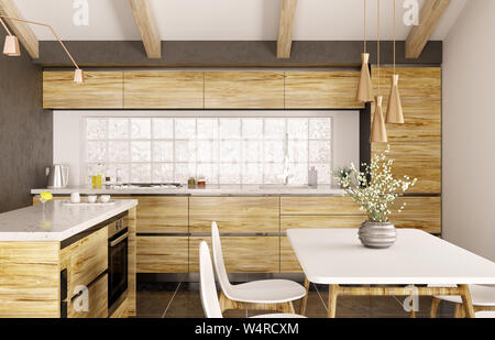 Interni dal design moderno di cucina in legno con isola, marmo bianco contatore, finestra, tavolo e sedie il rendering 3D Foto Stock