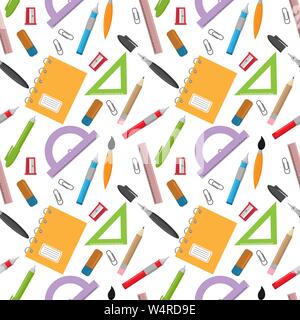 Vettore modello senza cuciture con differenti articoli di cancelleria: quaderni, penne, matite, righelli, erazers, temperamatite e clip Illustrazione Vettoriale
