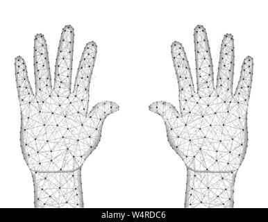 Human palmi delle mani basse poli design, gesto in stile poligonale, della parte di corpo wireframe illustrazione vettoriale costituito da punti e linee su una bianca backgr Illustrazione Vettoriale