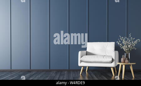 Interno del soggiorno con tavolo da caffè in legno e poltrona bianca 3d rendering Foto Stock