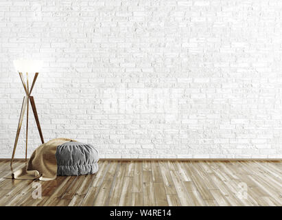 Grigio coperto ottomano con brown plaid e lampada da terra su un muro di mattoni, room interior background rendering 3D Foto Stock