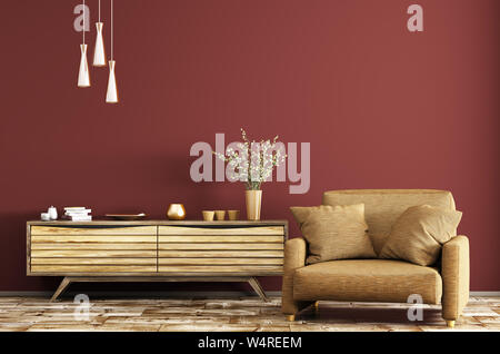 Gli interni moderni del soggiorno con cassettiera in legno e poltrona marrone sulla parete rossa del rendering 3D Foto Stock