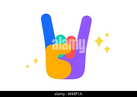 Segno di mano rock. Adesivo di divertimento. Colorato e divertente adesivo - mano segno Rock Illustrazione Vettoriale