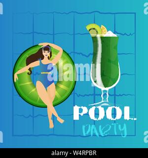 Giovane donna a prendere il sole sul ring in piscina. Illustrazione Vettoriale di giovani modello galleggiante sull'acqua con grandi cocktail. Party in piscina modello di invito, estate Illustrazione Vettoriale