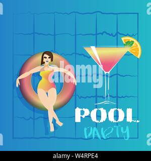 Giovane donna a prendere il sole sul ring in piscina. Illustrazione Vettoriale di giovani modello galleggiante sull'acqua con grandi cocktail. Party in piscina modello di invito, estate Illustrazione Vettoriale