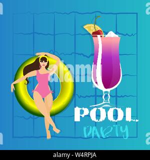 Giovane donna a prendere il sole sul ring in piscina. Illustrazione Vettoriale di giovani modello galleggiante sull'acqua con grandi cocktail. Party in piscina modello di invito, estate Illustrazione Vettoriale