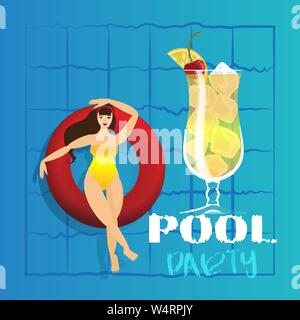 Giovane donna a prendere il sole sul ring in piscina. Illustrazione Vettoriale di giovani modello galleggiante sull'acqua con grandi cocktail. Party in piscina modello di invito, estate Illustrazione Vettoriale
