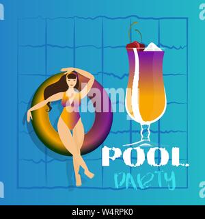 Giovane donna a prendere il sole sul ring in piscina. Illustrazione Vettoriale di giovani modello galleggiante sull'acqua con grandi cocktail. Party in piscina modello di invito, estate Illustrazione Vettoriale
