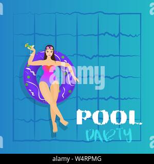 Giovane donna a prendere il sole sul ring in piscina. Illustrazione Vettoriale di giovani modello galleggiante sull'acqua con grandi cocktail. Party in piscina modello di invito, estate Illustrazione Vettoriale
