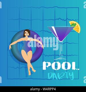 Giovane donna a prendere il sole sul ring in piscina. Illustrazione Vettoriale di giovani modello galleggiante sull'acqua con grandi cocktail. Party in piscina modello di invito, estate Illustrazione Vettoriale