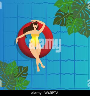 Giovane donna a prendere il sole sul ring in piscina. Illustrazione Vettoriale di giovani modello galleggiante sull'acqua con grandi cocktail. Party in piscina modello di invito, estate Illustrazione Vettoriale