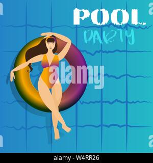 Giovane donna a prendere il sole sul ring in piscina. Illustrazione Vettoriale di giovani modello galleggiante sull'acqua con grandi cocktail. Party in piscina modello di invito, estate Illustrazione Vettoriale