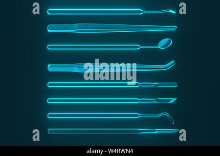 Immagine di un dentista di strumenti su uno sfondo blu. Dentista impostare gli strumenti per ispezionare i denti. Il rendering 3D. Foto Stock