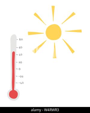 Vector disegnati a mano illustrazione del caldo sole e termometro. Colorato stile piatto. Illustrazione Vettoriale