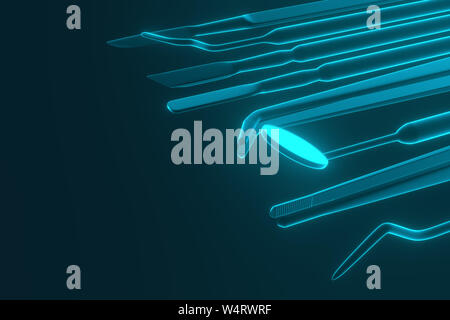 Immagine di un dentista di strumenti su uno sfondo blu. Dentista impostare gli strumenti per ispezionare i denti. Il rendering 3D. Foto Stock