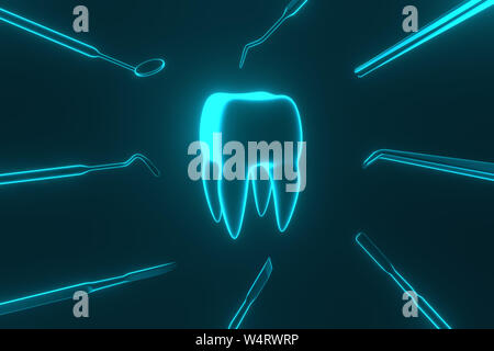Immagine di un dente su uno sfondo blu con un dentista's tools. Dentista impostare gli strumenti per ispezionare i denti. Il rendering 3D. Foto Stock