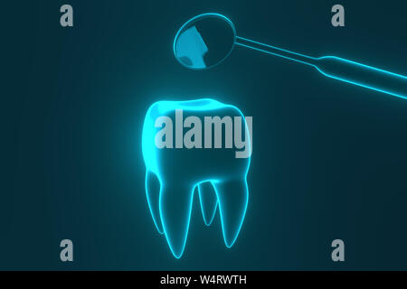 Immagine di un dente su uno sfondo blu con un dentista's tools. Dentista impostare gli strumenti per ispezionare i denti. Il rendering 3D. Foto Stock