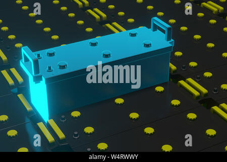 Il rendering 3D. 24v batteria per carrello su sfondo blu. Veicolo commerciale accumulatore. Nero la batteria del carrello e delle parti di ricambio. autocarro auto pezzi di ricambio per camion Foto Stock