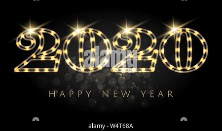 Felice Anno Nuovo 2020 lampadina luce di numeri con effetti luminosi su sfondo nero. Illustrazione Vettoriale. Illustrazione Vettoriale