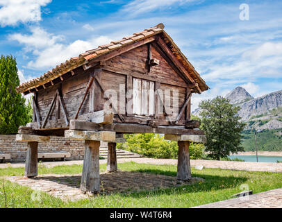 In legno antico Horreo, tipica costruzione rurale in Spagna. Riano, provincia di León. Castiglia e Leon, nella Spagna settentrionale Foto Stock