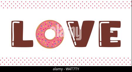 Brown love tipografia con rosa donut e spruzza illustrazione vettoriale EPS10 Illustrazione Vettoriale