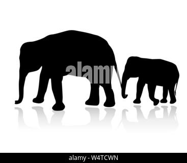 Famiglia di elefante silhouette isolati su sfondo bianco vettore Illustrazione Vettoriale