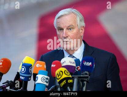 Il Belgio, Bruxelles, Aprile 10th, 2019: Vertice europeo sulla Brexit, del Regno Unito di uscire dall'Unione europea. Michel Barnier, UE del capo negoziatore Brexit talki Foto Stock