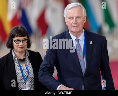 Il Belgio, Bruxelles, Aprile 10th, 2019: Vertice europeo sulla Brexit, del Regno Unito di uscire dall'Unione europea. Michel Barnier, UE del capo negoziatore Brexit talki Foto Stock