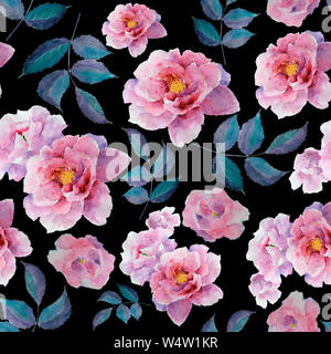 Motivo floreale acquerello e sfondo senza cuciture di peonia e foglia. Verniciato a mano. Design delicato per tessuti, carta da imballaggio o carta da parati. Raster Foto Stock