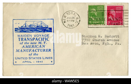 New York, NY, Stati Uniti d'America - 26 Luglio 1941: noi busta storico: il coperchio con un cachet Maiden Voyage transpacific del nuovo motore M.T. produttore americano Foto Stock