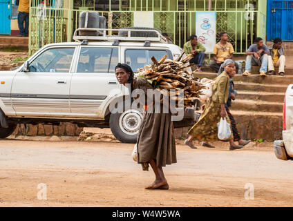 Le donne che trasportano un enorme fascio di legna da ardere sulla sua schiena, Bedele, Etiopia Foto Stock